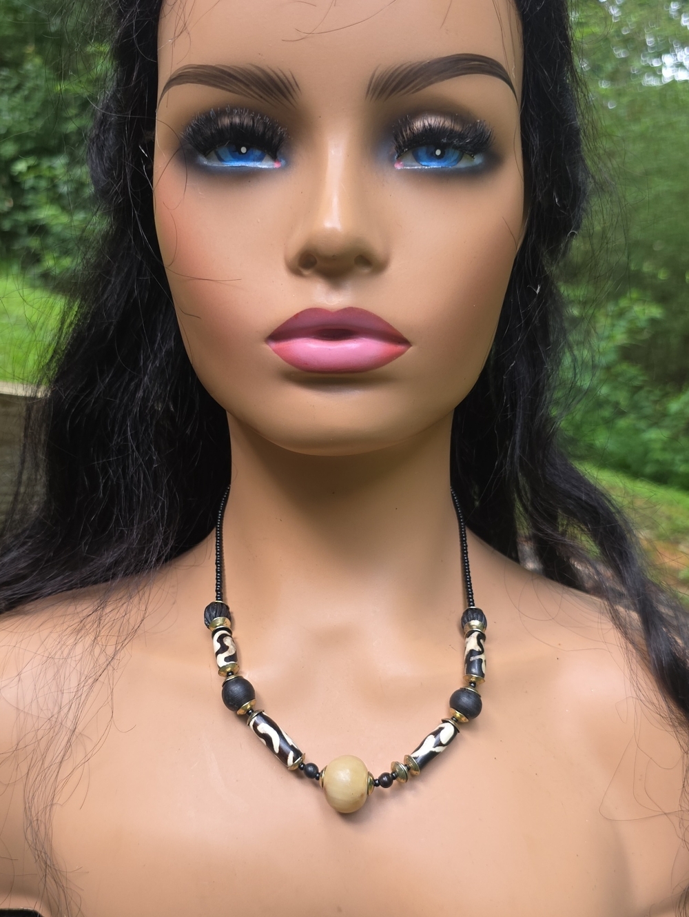 Tribal Black & Cream Beaded Necklace with Central Beige Accent